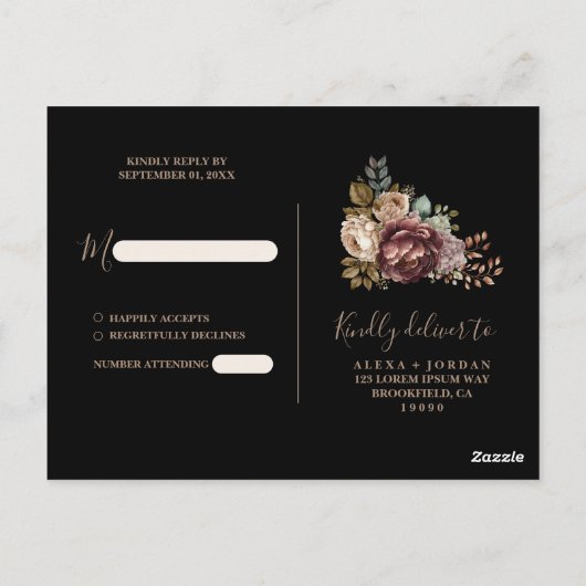 Dark Moody Rose Fall Winter Floral Wedding Rsvp Postkarte (Rückseite)