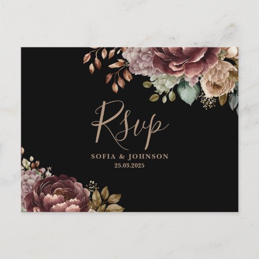Dark Moody Rose Fall Winter Floral Wedding Rsvp Postkarte (Vorderseite)