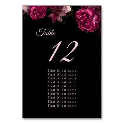  Dark Moody Roses Floral Wedding Seating Chart Tischnummer (Vorderseite)