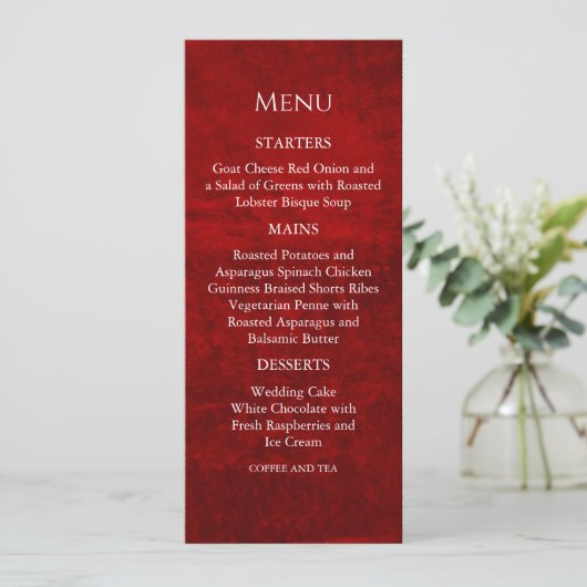 Dark Moody Royal Red mit Scratches Menu Einladung (Stehend Vorderseite)