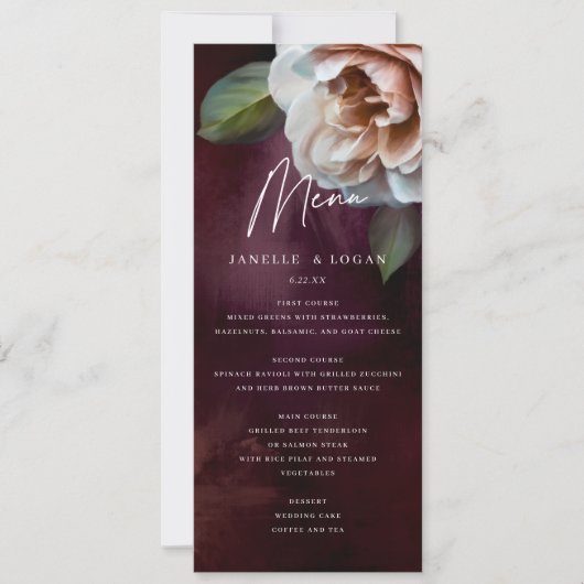 Dark + Moody Rustic Floral Wedding Menu Card Einladung (Vorderseite)