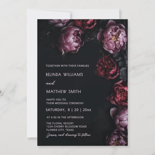 Dark Moody Textured Flowers Wedding Invitation Einladung (Vorderseite)