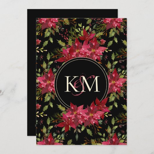 Dark Moody Wedding Claret Red Poinsettia Monogram Einladung (Vorne/Hinten)