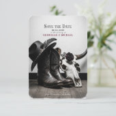 Dark Moody Western Cowboy Skull Rose Wedding Save  The Date (Stehend Vorderseite)
