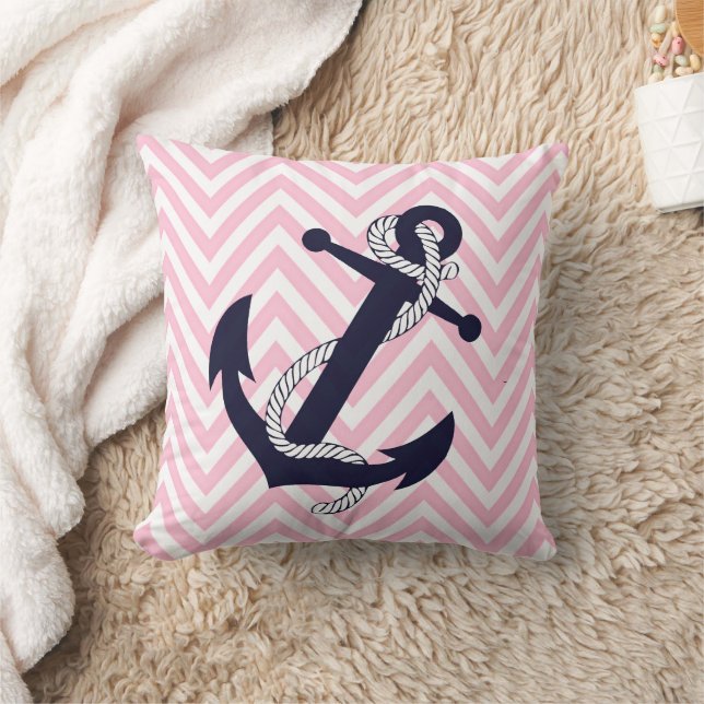 Dark Nautical Blue Anchor Pink Zigzag Chevron Kissen (Decke)