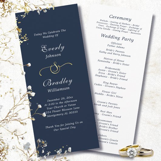 Dark Navy Background Elegant Minimal Wedding Programm