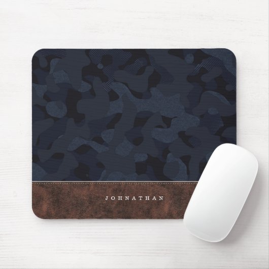 Dark Navy Blue Camouflage Pattern & Leder Mousepad (Mit Mouse)