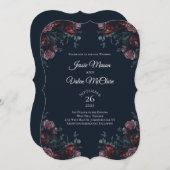 Dark Navy Blue Floral Elegant Wedding Maroon Mauve Einladung (Vorne/Hinten)
