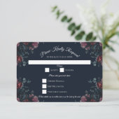 Dark Navy Blue Floral Elegant Wedding Maroon Mauve Einladung (Stehend Vorderseite)