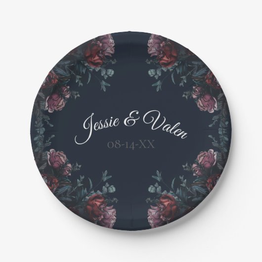 Dark Navy Blue Floral Elegant Wedding Maroon Mauve Pappteller (Vorderseite)