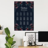 Dark Navy Blue Floral Elegant Wedding Maroon Mauve Poster (Heimbüro)