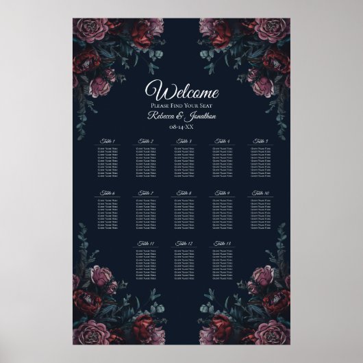 Dark Navy Blue Floral Elegant Wedding Maroon Mauve Poster (Vorne)