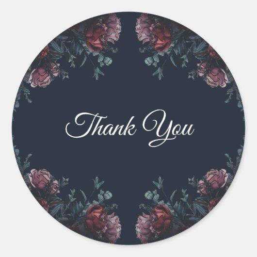 Dark Navy Blue Floral Elegant Wedding Maroon Mauve Runder Aufkleber (Vorderseite)