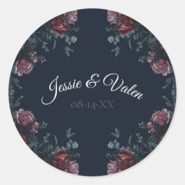 Dark Navy Blue Floral Elegant Wedding Maroon Mauve Runder Aufkleber