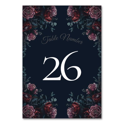 Dark Navy Blue Floral Elegant Wedding Maroon Mauve Tischnummer (Rückseite)