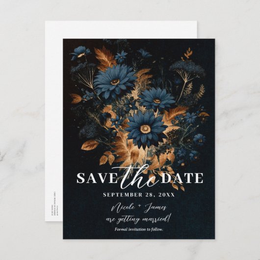 Dark Navy Blue Gold Rustic Glam Boho Save the Date Ankündigungspostkarte (Vorne/Hinten)