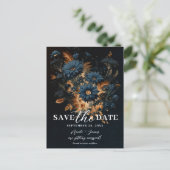 Dark Navy Blue Gold Rustic Glam Boho Save the Date Ankündigungspostkarte (Stehend Vorderseite)