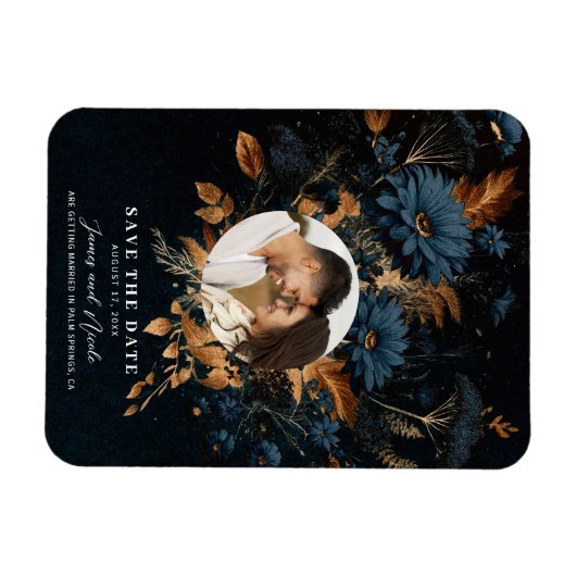 Dark Navy Blue Gold Rustic Glam Boho Save the Date Magnet (Horizontal)