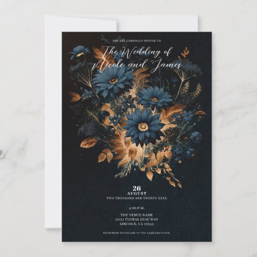 Dark Navy Blue & Gold Rustic Glam Boho Wedding Einladung (Vorderseite)