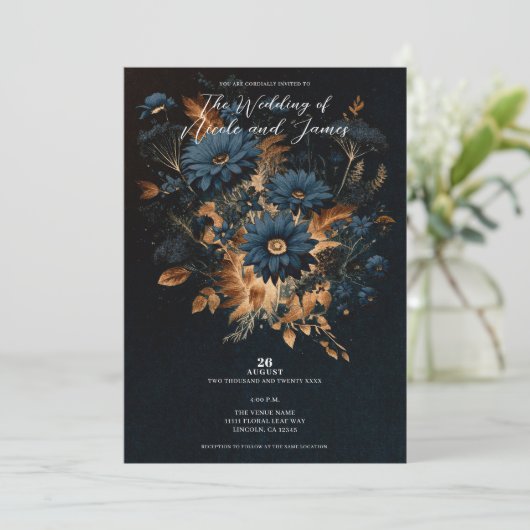 Dark Navy Blue & Gold Rustic Glam Boho Wedding Einladung (Stehend Vorderseite)