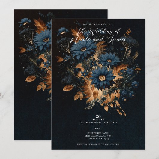 Dark Navy Blue & Gold Rustic Glam Boho Wedding Einladung (Vorne/Hinten)