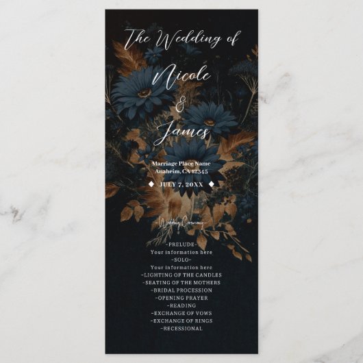 Dark Navy Blue & Gold Rustic Glam Boho Wedding Programm (Vorderseite)