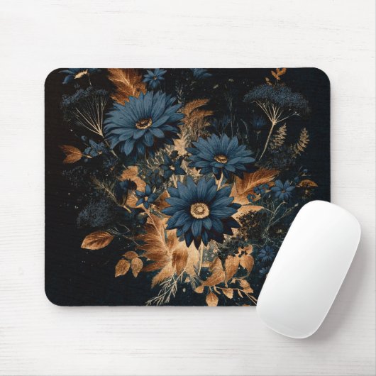 Dark Navy Blue & Gold Rustikaler Blumenglam Boho Mousepad (Mit Mouse)
