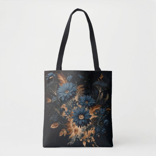Dark Navy Blue & Gold Rustikaler Blumenglam Boho Tasche (Vorderseite)