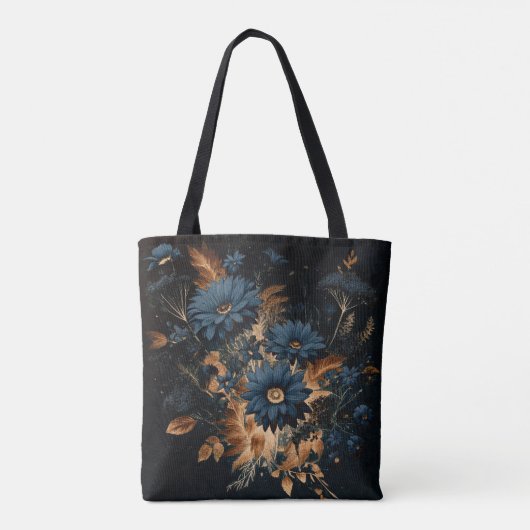 Dark Navy Blue & Gold Rustikaler Blumenglam Boho Tasche (Rückseite)