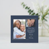 Dark Navy Blue Gold White Script Foto Vielen Dank Einladung (Stehend Vorderseite)