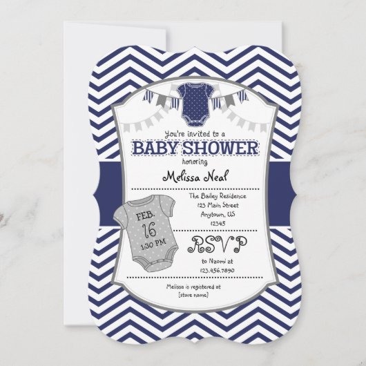 Dark Navy Blue Gray Zickzack Baby Shower Einladung (Vorderseite)