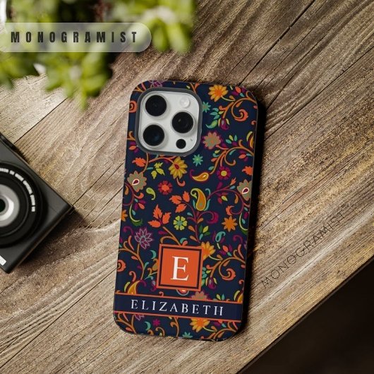 Dark Navy Blue Orange Paisley Muster individuell a iPhone Hülle