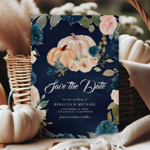Dark Navy Blue Peach Floral Pumpkin Hochzeit Save The Date