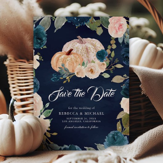 Dark Navy Blue Peach Floral Pumpkin Hochzeit Save The Date