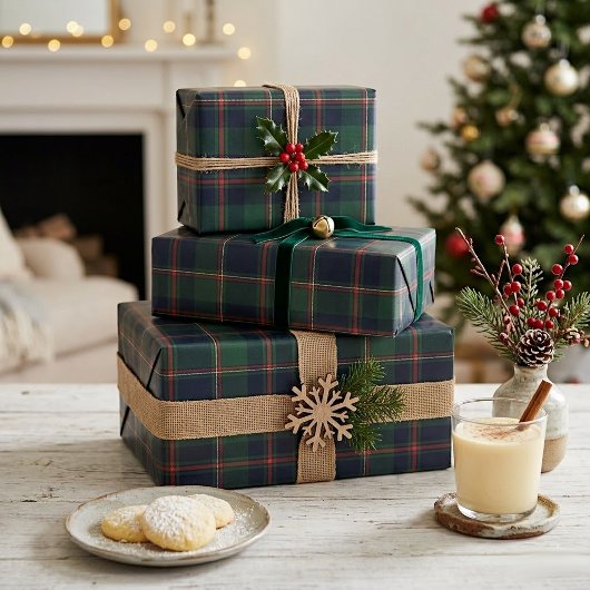 Dark Navy Blue Red Green Plaid Wrapping Paper Geschenkpapier