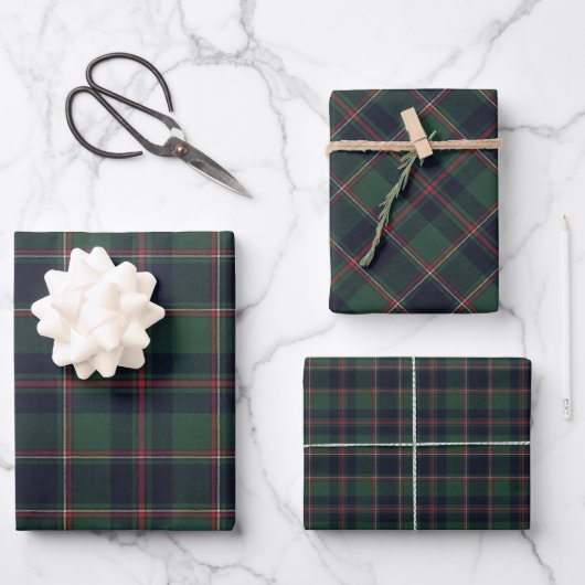 Dark Navy Blue Red Green Plaid Wrapping Paper Geschenkpapier Set (Vorderseite)