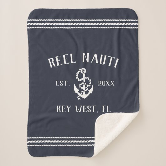 Dark Navy Blue & White Rustic Anchor Boat Name Sherpadecke (Vorderseite)