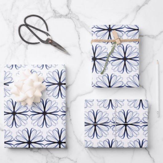 Dark Navy Blume Design anpassbarer Hintergrund Geschenkpapier Set (Vorderseite)