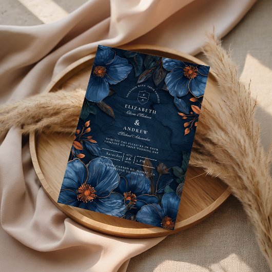 Dark Navy Botanical Romance Einladung