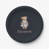 Dark Navy Custom Name Teddy Bear Girl Baby Shower Pappteller (Vorderseite)