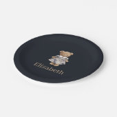 Dark Navy Custom Name Teddy Bear Girl Baby Shower Pappteller (Schrägansicht)
