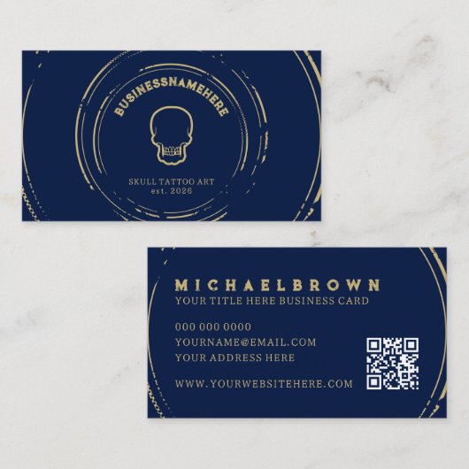 Dark Navy Skull Tattoo Piercing Studio QR Code Visitenkarte (Vorne/Hinten)
