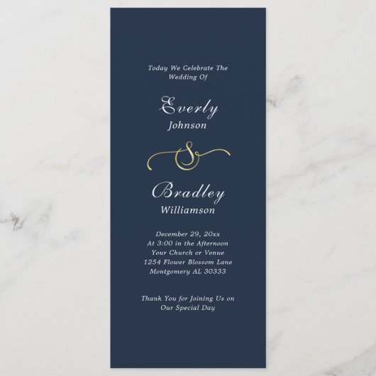 Dark Navy White Simple Script Elegante Hochzeit Programm (Vorderseite)
