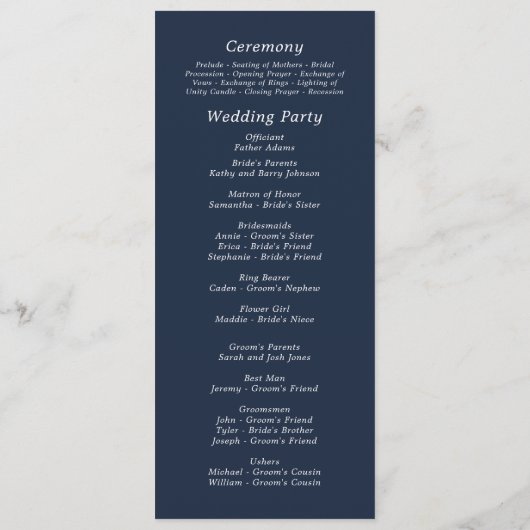 Dark Navy White Simple Script Elegante Hochzeit Programm (Rückseite)