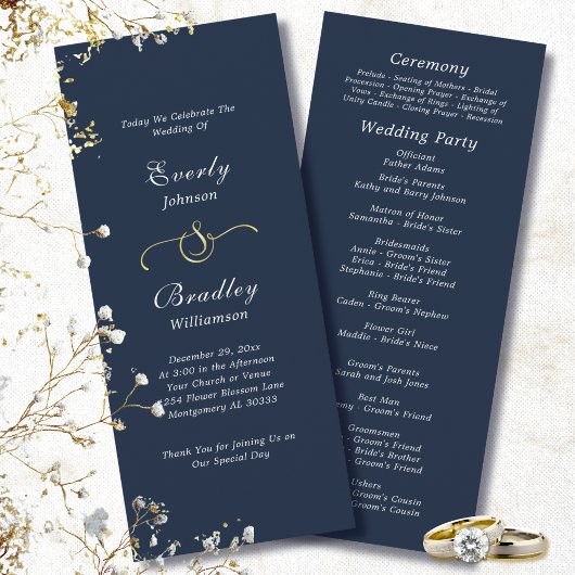 Dark Navy White Simple Script Elegante Hochzeit Programm