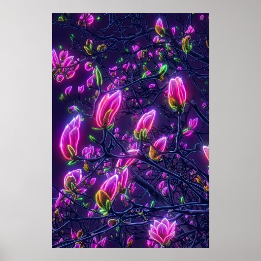 Dark Neon Magnolia Botanical Poster (Vorne)