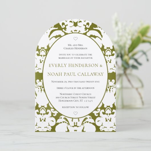 Dark Olive Damask Vintage Wedding Einladung (Stehend Vorderseite)
