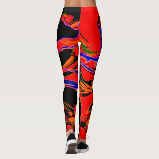 Dark Orange Blue Black Psychedelic Blume Design Leggings (Rückseite)