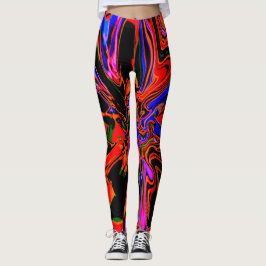 Dark Orange Blue Black Psychedelic Blume Design Leggings