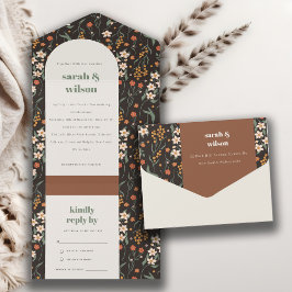 Dark Orange Groovy Retro Arch Floral Wedding All In One Einladung